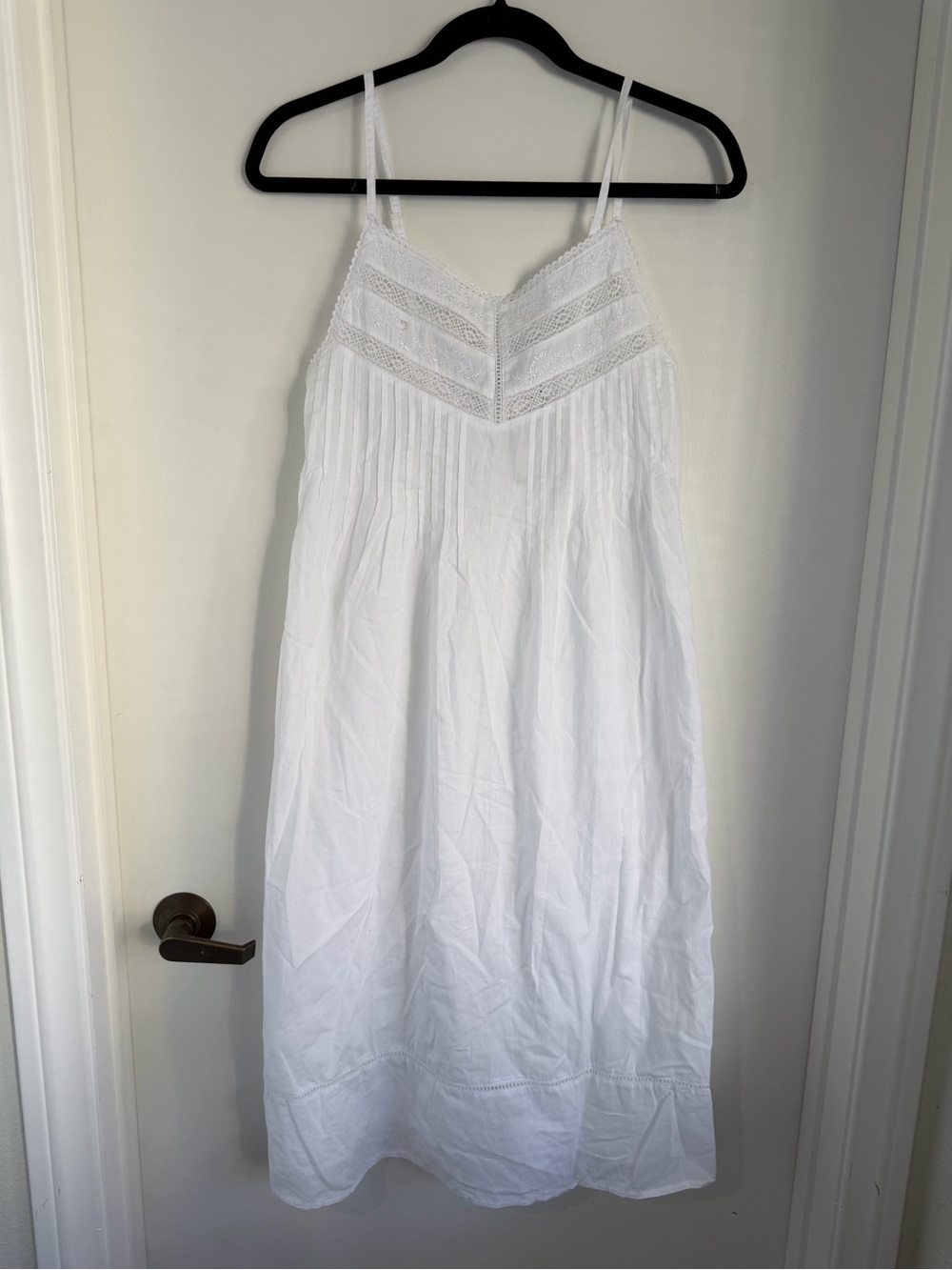White Cotton Lace-Trim Slip Chemise with Spaghetti Straps